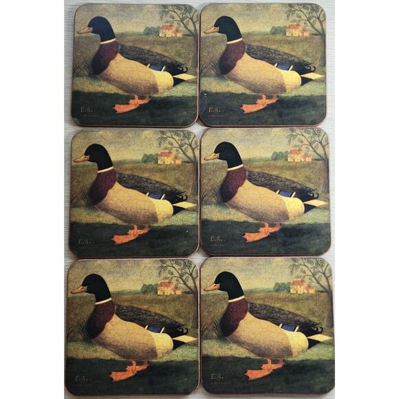 COASTERS-VINTAGE E.B. PIMPERNEL-Duck-Mallard-Cork Backing-Set of 6 - Picture 1 of 10